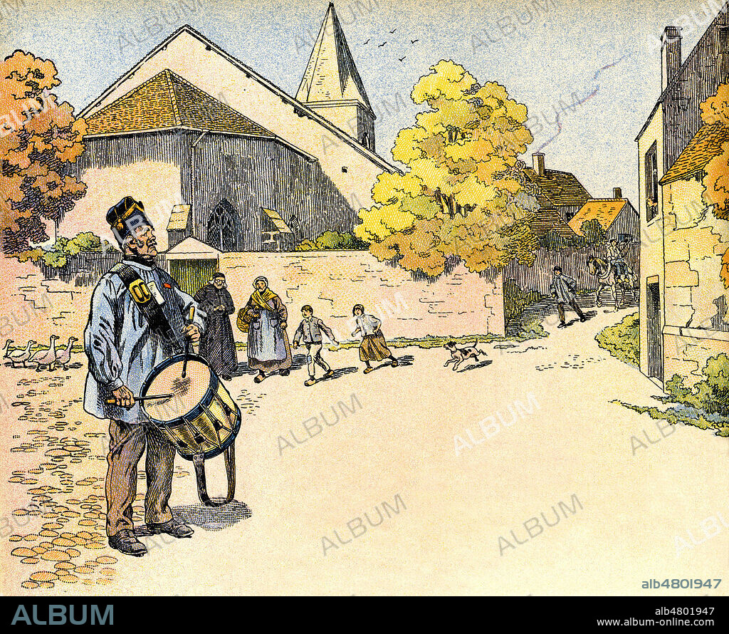Garde champetre appellant la population avec son tambour dans un village. Illustration de 1922 par JOB (1858-1931) pour Tambour battant! de Louis SONOLET (1875-1928). Credit : Collection Jonas/Kharbine-Tapabor.