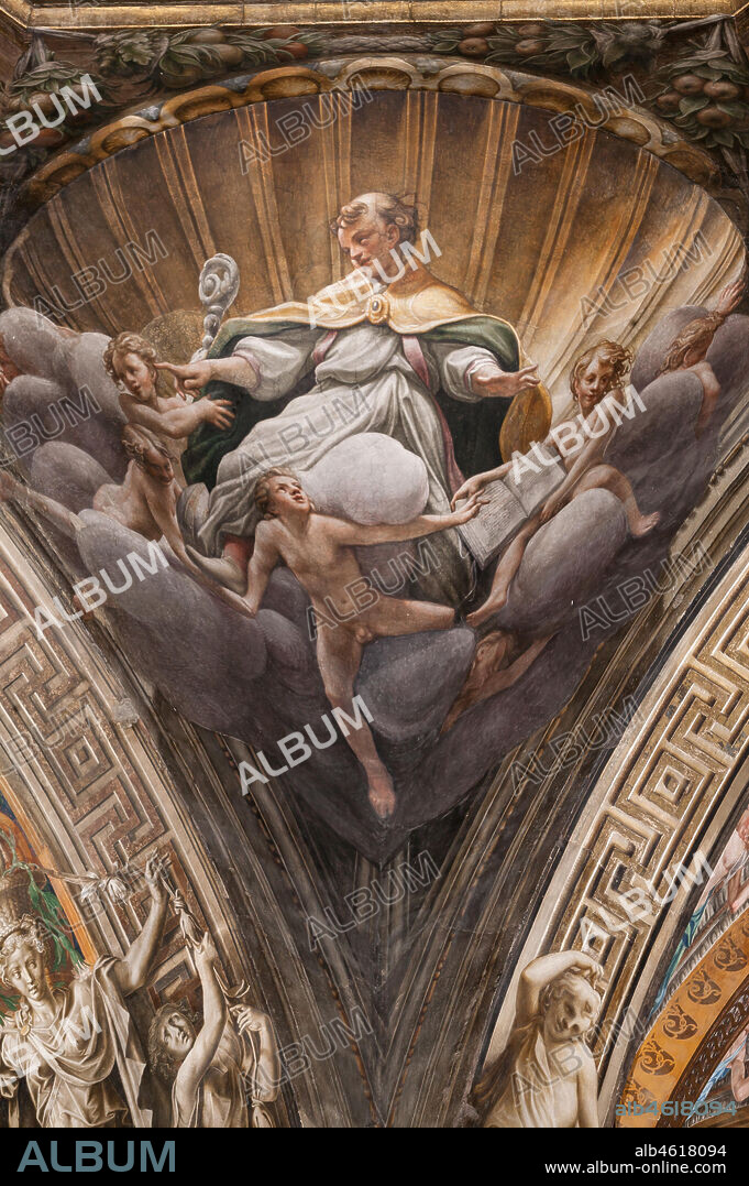 Parma, Duomo (the Cathedral of St. Maria Assunta), the dome: "The Assumption of the Virgin", frescoed by Antonio Allegri, known as Correggio (1526 - 1530). Detail of a pendentive with St. Hilary.