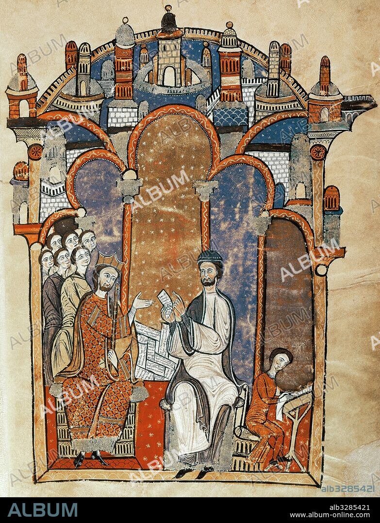 Alfonso II of Aragon (1157-1196) The Chaste. Alfonso II with Ramon de Calders, dean of the Headquarters of Barcelona, jurist and compiler of the royal office, handed over to the king in the presence of high court dignitaries, from the "Collection of Feudal Right", which is author. Miniature. Liber Feudorum Maior. 13th century.