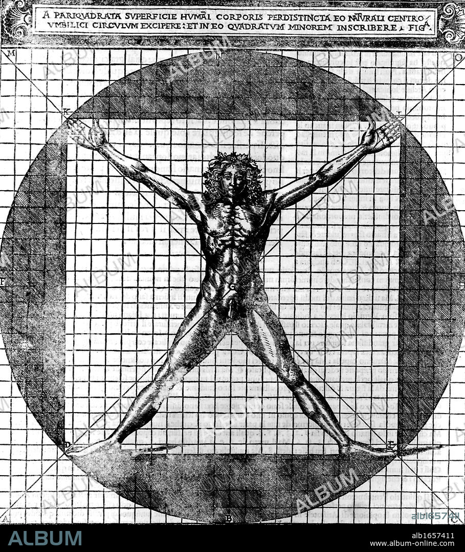 Proportions of the human body after Leonardo's studies, also called Vitruvian man. Male human body with limbs extended, superimposed on a grid and a circle. Engraving from Cesarino's 1521 edition of Vitruvius 'De architectural'.