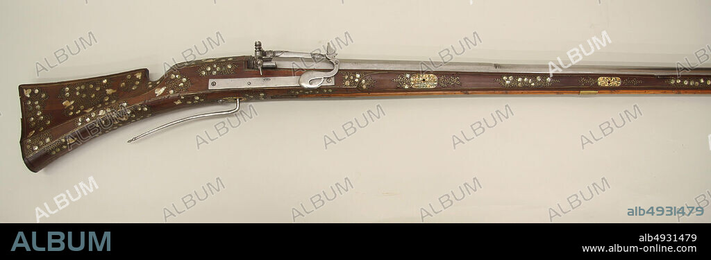 Matchlock Gun, German, 16th century, German, Steel, wood (walnut, red beech), latten, bone, mother-of-pearl, brass, L. 63 1/2 in. (160.3 cm); L. of barrel 47 7/8 in. (121.6 cm); Cal.696 in. (17.7 mm); Wt. 13 lb. 9 oz. (6150 g), Firearms-Guns-Matchlock.