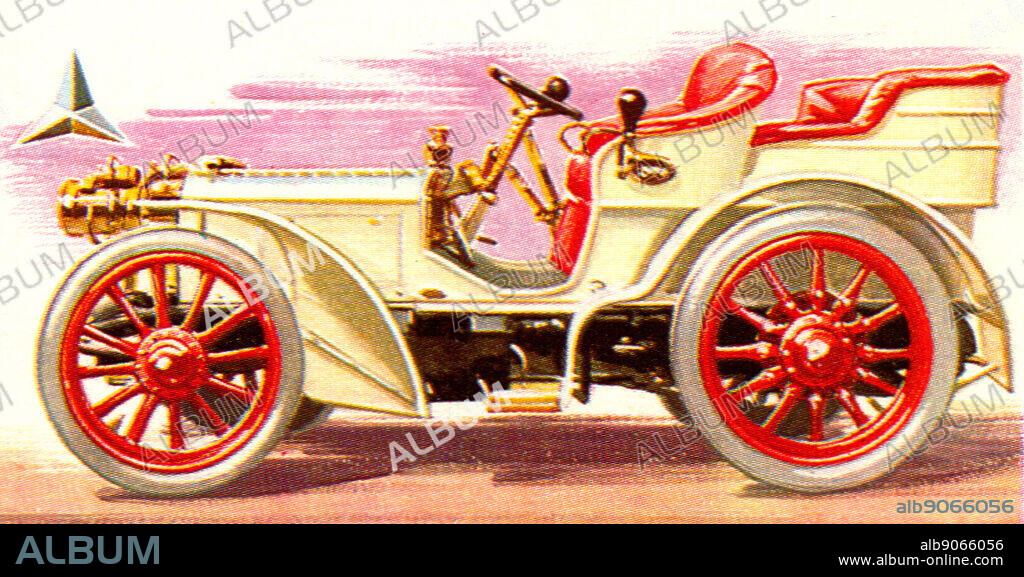 First Mercedes car built by Daimler designed by Wilhelm Maybach, 1901. Emil Jellinek, an Austrian automobile entrepreneur who worked with DMG, created the trademark in 1902, naming the 1901 Mercedes 35 hp after his daughter Mercedes Jellinek. Brooke Bond Tea collector card.