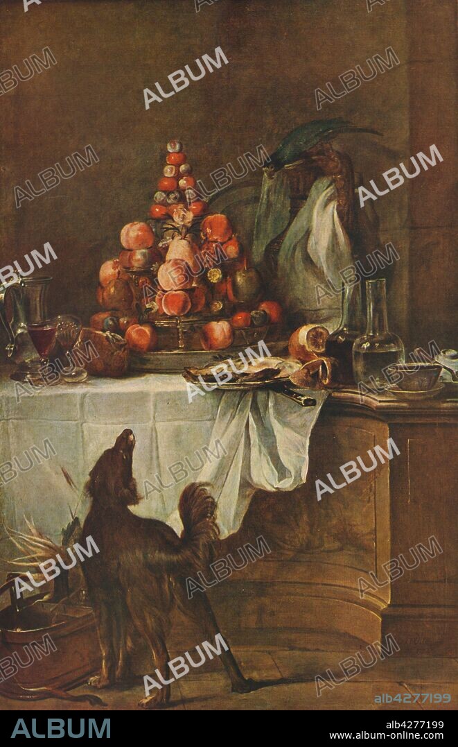JEAN-BAPTISTE-SIMEON CHARDIN. 'Nature Morte par Chardin', 1728, (1939). 'The Buffet', still life of fruit with dog, painting in the Louvre, Paris. From "Verve" - No. 8, Vol. II. [Verve, France, 1939].