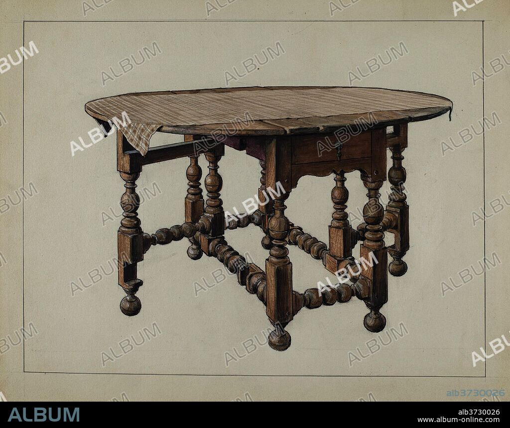 M. ROSENSHIELD-VON-PAULIN. Gate-leg Table. Dated: c. 1936. Dimensions: overall: 22.9 x 28.1 cm (9 x 11 1/16 in.)  Original IAD Object: 30"high; 67 1/2"wide.  50 1/2"deep. Medium: watercolor, colored pencil, pen and ink, and graphite on paperboard.