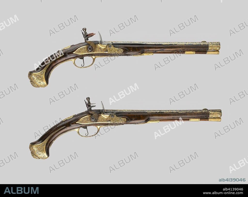 Pair of Flintlock Holster Pistols. Belgian, Liège. Date: 1690-1720. Dimensions: L. 53.4 cm (21 in.)
Barrel L. 33.9 cm (13 5/16 in.)
Wt. 2 lb. 9 oz.
Caliber .56. Walnut, steel, brass, and gilding. Origin: Liège.