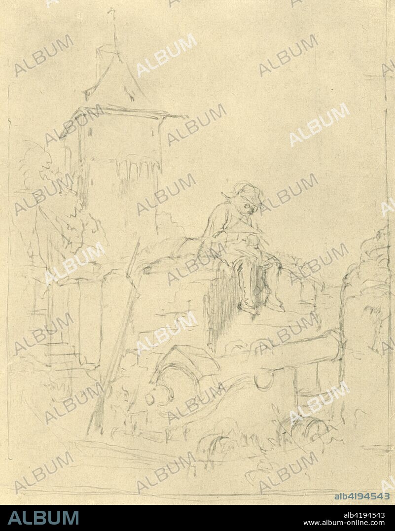 'Die Schildwache', mid-late 19th century, (c1924). 'The sentry'.  A soldier on the battlements looks into the distance. From "Die gute alte Zeit: Zeichnungen von Karl Spitzweg", (The Good Old Days: drawings by Karl Spitzweg). [Benjamin Harz, Berlin-Vienna, c1924].