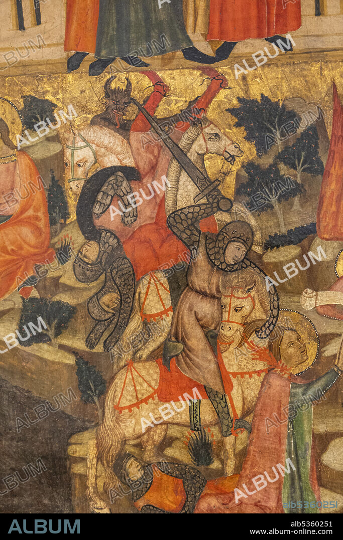 warriors and devil, altarpiece of Santa Quiteria, Joan Loert, around 1300, tempera on panel, Hospital de Sant Antoni, Palma, lime mortar and inert load, Plaza de la Lonja, Palma, Mallorca, Balearic Islands, Spain.