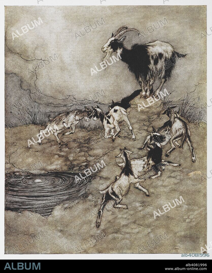 ARTHUR RACKHAM and GEBRUEDER GRIMM. Illustration of a goat and her young kids playing from The Wolf and the Seven Kids. Grimm's Fairy Tales. Illustrated by Arthur Rackham. London : William Heinemann, [1925]. 'The seven Kids and their mother capered and danced round the spring in their joy.'. Source: 12410.r.7. facing page 206.
