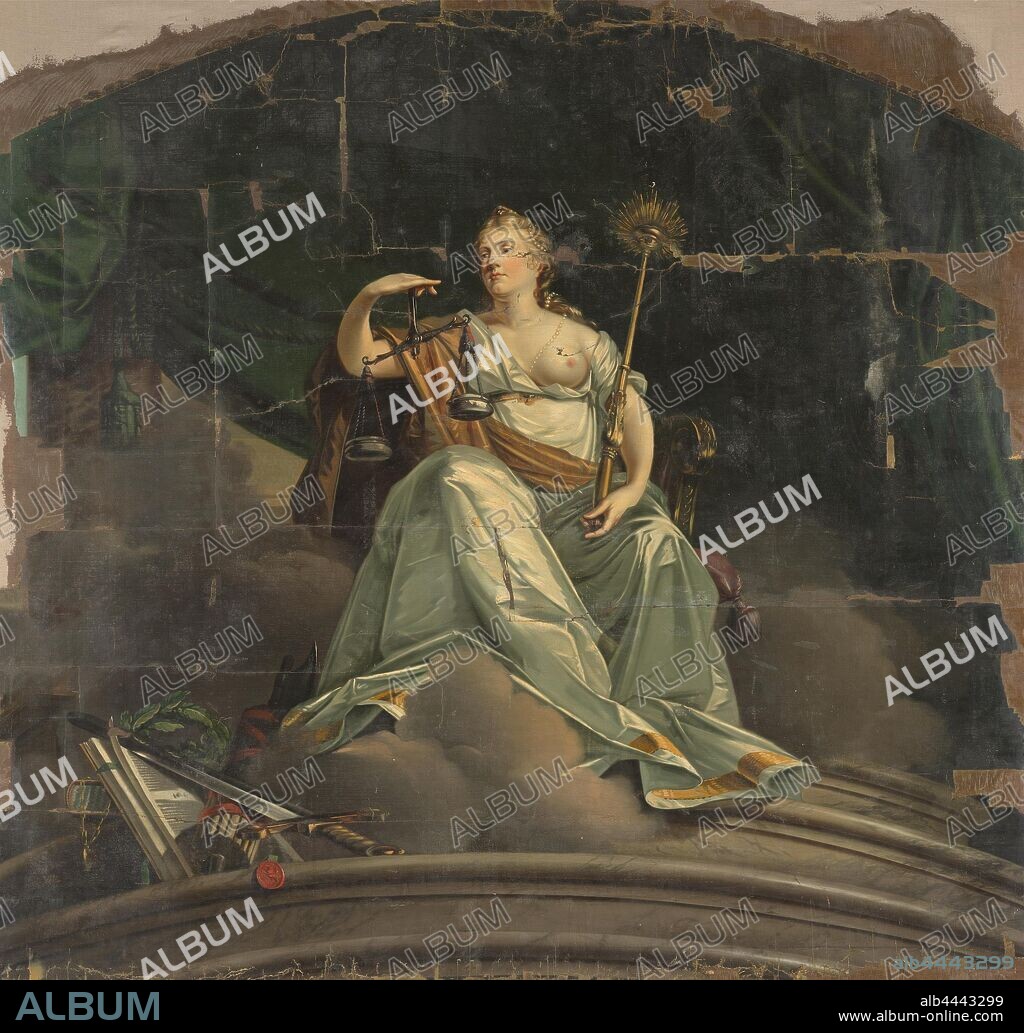 Justice, Justitia. The personification of Justice sitting on clouds, without blindfold. She holds the scales in her right hand, in the left hand a scepter with a radiant eye at the end. Probably manufactured for the Provincial Court of Zeeland in Middelburg., 'Justitia', 'Giustitia divina' (Ripa), one of the Four Cardinal Virtues, Pieter Gaal, 1802, canvas, oil paint (paint), h 282 cm × h 287 cm × w 303 cm h 308.5 cm × w 315.5 cm × d 8.6 cm.