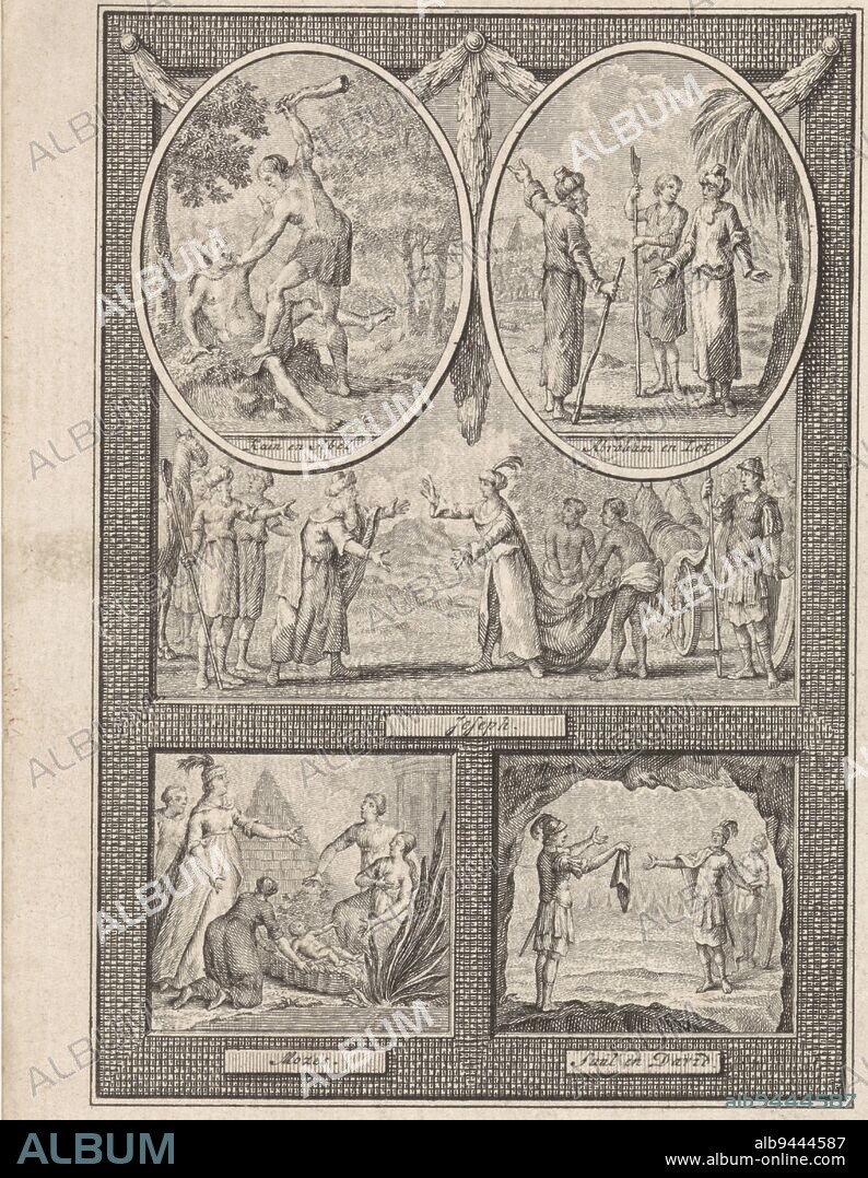 Top left a medallion with Cain killing Abel. Top right a medallion with Abraham and Lot dividing the land. In the center, a depiction of Joseph, king of Egypt, with his entourage. Bottom left Moses, lying in the basket, is found and given to Pharaoh's daughter. In the lower right, David is showing a piece of his cloak to Saul. This print is an illustration from 'Uitgezogte bijbelsche storyen, tot een leesboek voor de jeugd', Five biblical scenes on one sheet, print maker: Theodoor Koning, Jacobus van Meurs, publisher: Kuijper & van Vliet, Amsterdam, 1794, paper, etching, h 153 mm × w 91 mm.