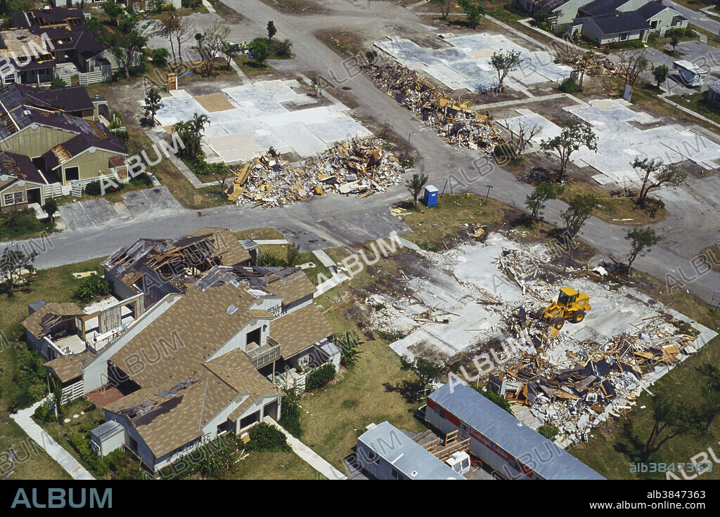 Aerial of the rebuilding of Miami after Hurricane Andrew.