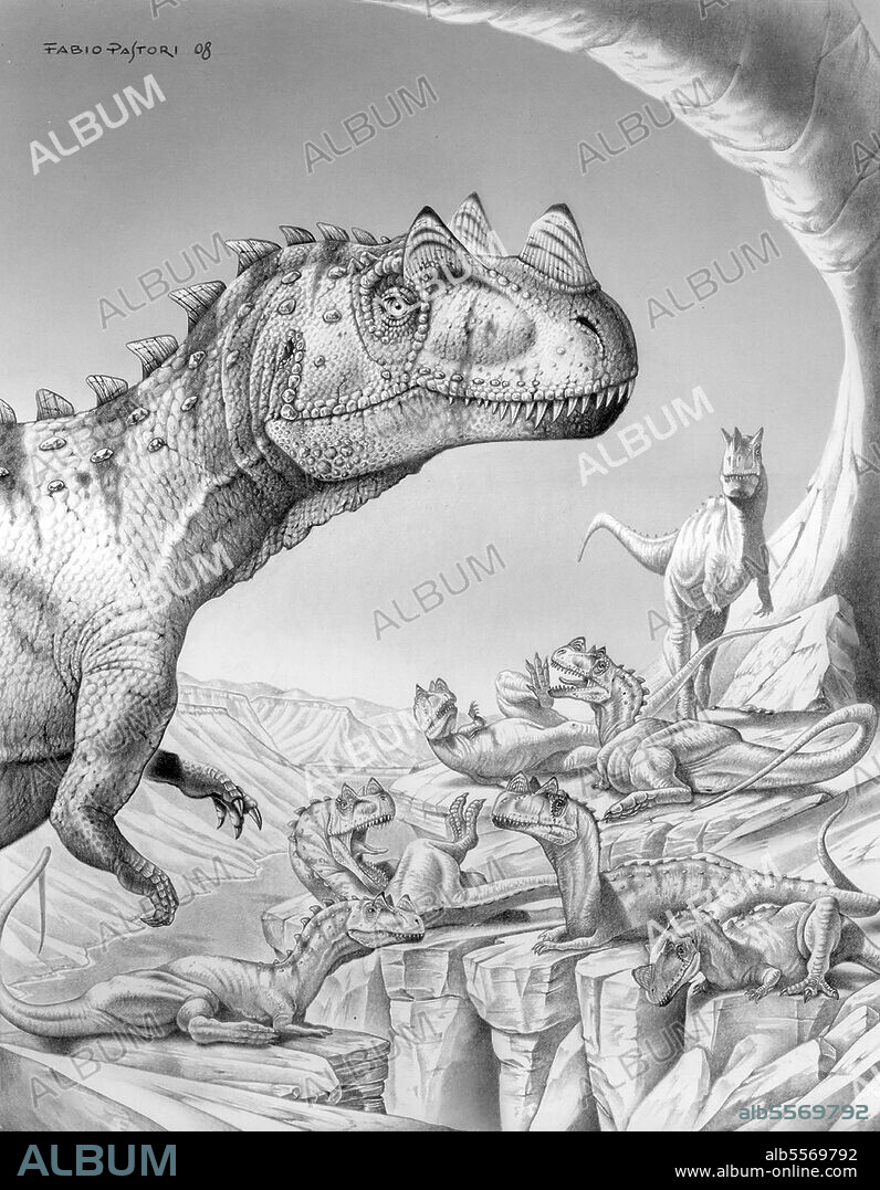 Ceratosaurus nasicornis dinosaur family. Micro graphite on cardboard.