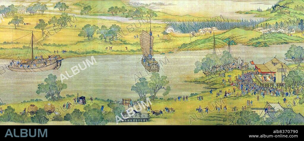 'Along the River During the Qingming Festival' is a painting by the Song dynasty artist Zhang Zeduan (10851145). It captures the daily life of people and the landscape of the Northern Song capital, Bianjing, today's Kaifeng. The theme is said to celebrate the festive spirit and worldly commotion at the Qingming Festival, rather than the holiday's ceremonial aspects, such as tomb sweeping and prayers.<br/><br/>. Successive scenes reveal the lifestyle of all levels of the society from rich to poor as well as different economic activities in rural areas and the city, and offer glimpses of period clothing and architecture. The scroll is 25.5 centimetres (10.0 inches) in height and 5.25 meters (5.74 yards) long. In its length there are 814 humans (of whom only 20 are women), 28 boats, 60 animals, 30 buildings, 20 vehicles, 8 sedan chairs, and 170 trees. The countryside and the densely populated city are the two main sections in the picture, with the river meandering through the entire length.<br/><br/>. The original painting is the most celebrated work of art from the Song dynasty. Due to this high artistic reputation, it has inspired several works of art that revived and updated the style of the original. The version presented here was made by five Qing dynasty court painters (Chen Mu, Sun Hu, Jin Kun, Dai Hong and Cheng Zhidao) and presented to the Qianlong Emperor on January 15, 1737.<br/><br/>. There are many more people, over 4,000, in the Qing remake, which also is much larger (at 11 metres by 35 cm, or 37 ft by 1 ft). The full scroll should be viewed from right to left.