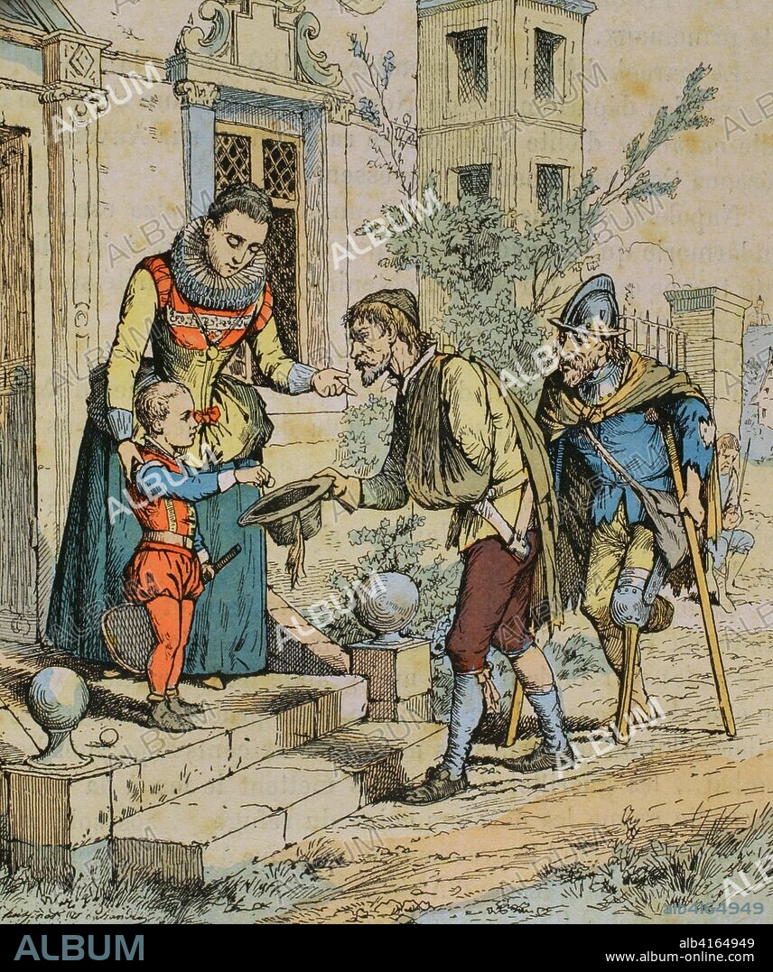 Francia. Edad Moderna. Siglo XVI. Inválidos de guerra pidiendo limosna. "Madame l'ingratitude", 1599. Ilustración en color de la "Armeé Française, Nos Soldats" (Ejército Francés, Nuestros Soldados). Autor, Eugene Hennebert (1826-1896). París, h. 1890. Ilustración firmada por Hussenot y Pallandre. Biblioteca Histórico Militar de Barcelona, Cataluña, España.