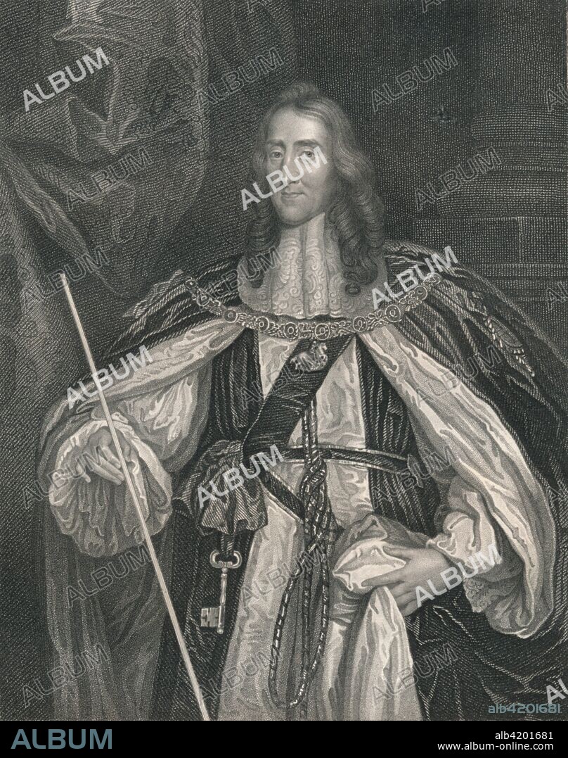 'Edward Montagu, Earl of Manchester', 1660s, (early-mid 19th century). Portrait of English nobleman Edward Montagu (1602-1671), second Earl of Manchester. In the English Civil War Montagu fought on the side of Parliament against the Royalists. He opposed the trial of Charles I however, and later actively promoted the restoration of the monarchy. 'From the original of Lely, in the collection of His Grace, The Duke of Bedford'. [The London Printing and Publishing Company, London].