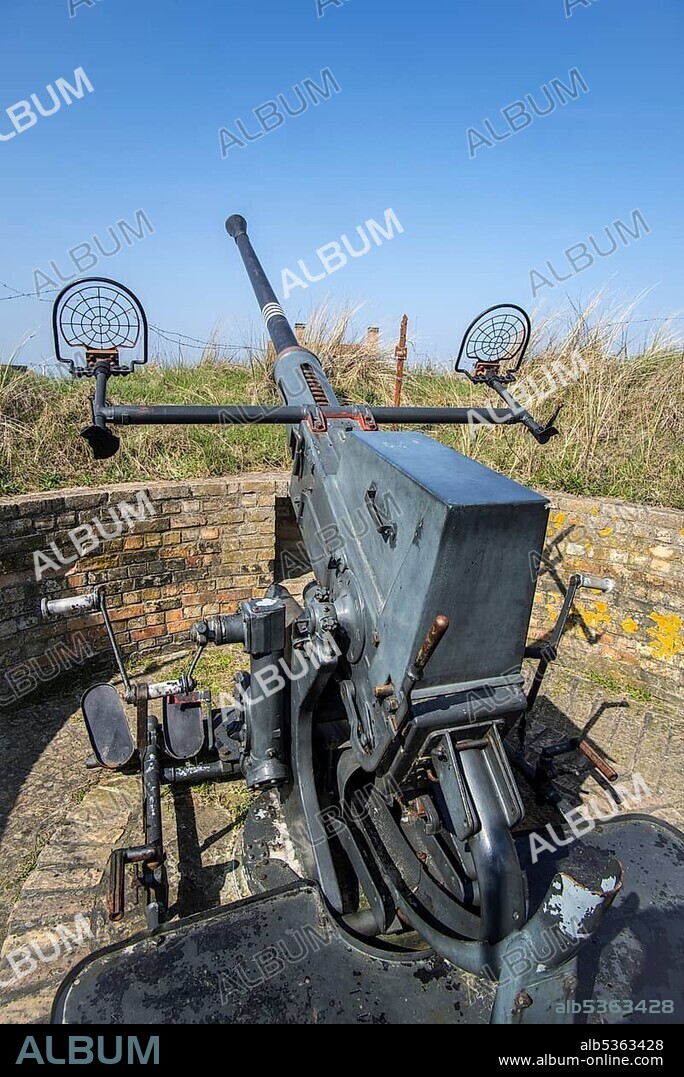 Flak 28, Bofors 40 mm cannon, Flak autocannon at Raversyde Atlantikwall, Open Air Museum Atlantikwall in Raversijde, West Flanders, Belgium, Europe.