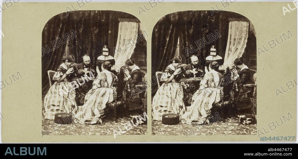 Alexis Gaudin, his wife and some models view stereo photos, first beginnings of photography and cinematography, Europe, anonymous, 1860, cardboard, photographic paper, albumen print, h 85 mm × w 170 mm.