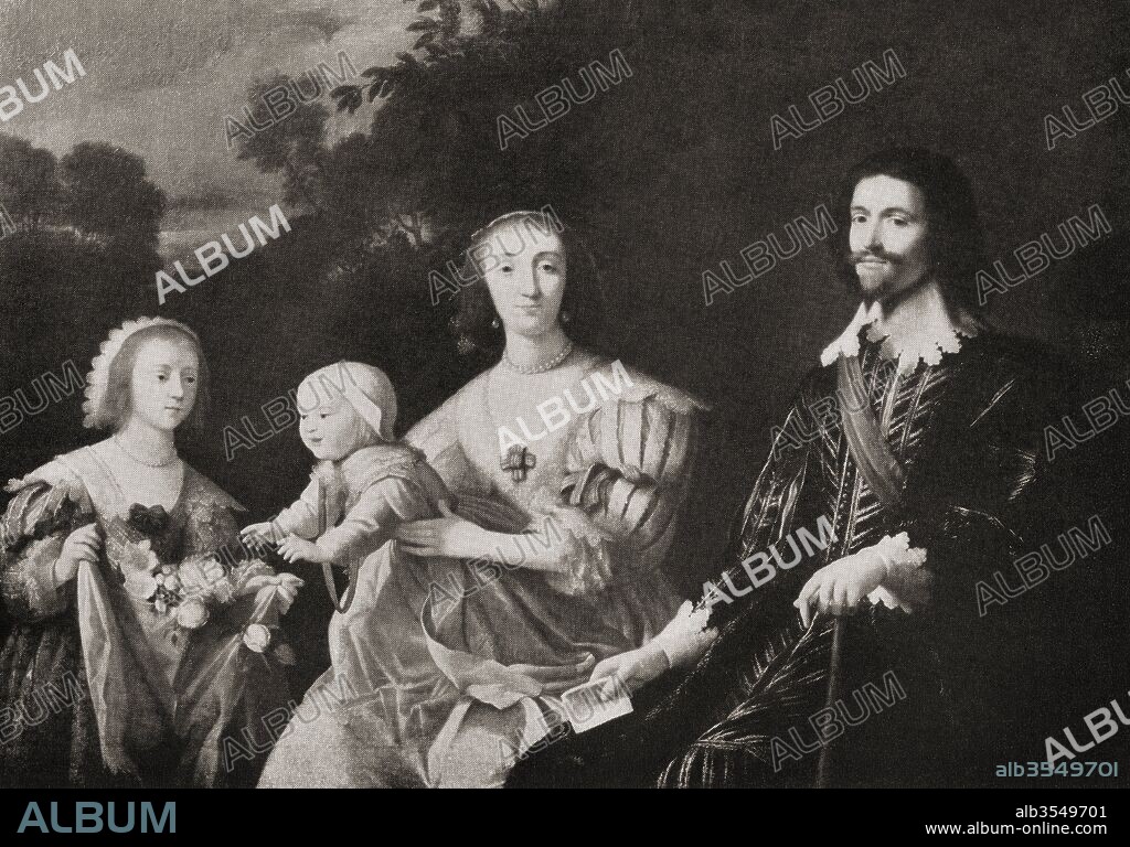 George Villiers, 1st Duke of Buckingham, 1592 –1628, with his wife Katherine Manners, later Baroness de Roos, their daughter Mary, later Duchess of Richmond, and son George, later 2nd Duke of Buckingham. After Gerard van Honthorst. From The Girl Through the Ages, published 1933.