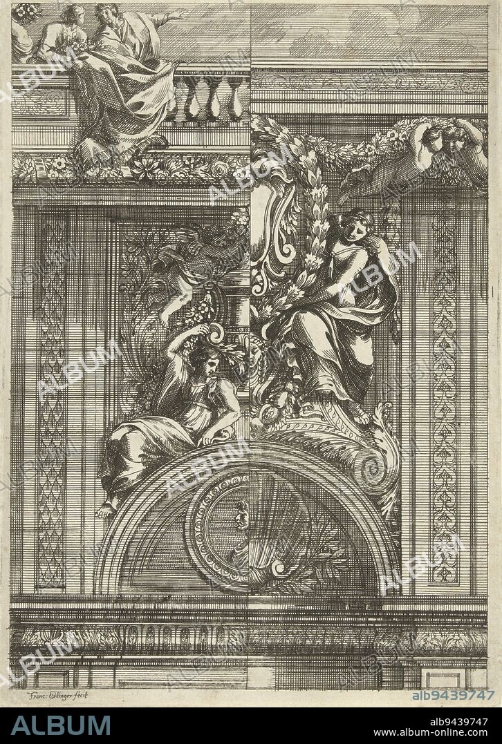 At the top you can see a cornice and a balustrade under a cloudy sky, Decoration of wall and coving frame, print maker: Franz Ertinger, (mentioned on object), Jean Lepautre, publisher: anonymous, France, (possibly), after 1650 - before 1678, paper, etching, h 225 mm × w 158 mm.