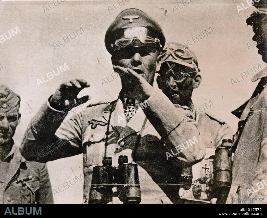 German Field Marshal Erwin Rommel at El Alamein, Egypt, World War II, 1942. Rommel (1891-1944) was one of the foremost German generals of the Second World War. After distinguishing himself in command of the 7th Panzer Division in the invasion of France, he was put in command of the German forces in North Africa, the Afrika Korps, where he gained the nickname 'the Desert Fox'. El Alamein was the site of two major battles between the Germans and their Italian allies and British and Commonwealth forces in 1942. The Second Battle of El Alamein, fought between 23 October and 11 November, marked the turning point in the North African campaign against Rommel. The following year Axis forces were driven out of North Africa entirely.