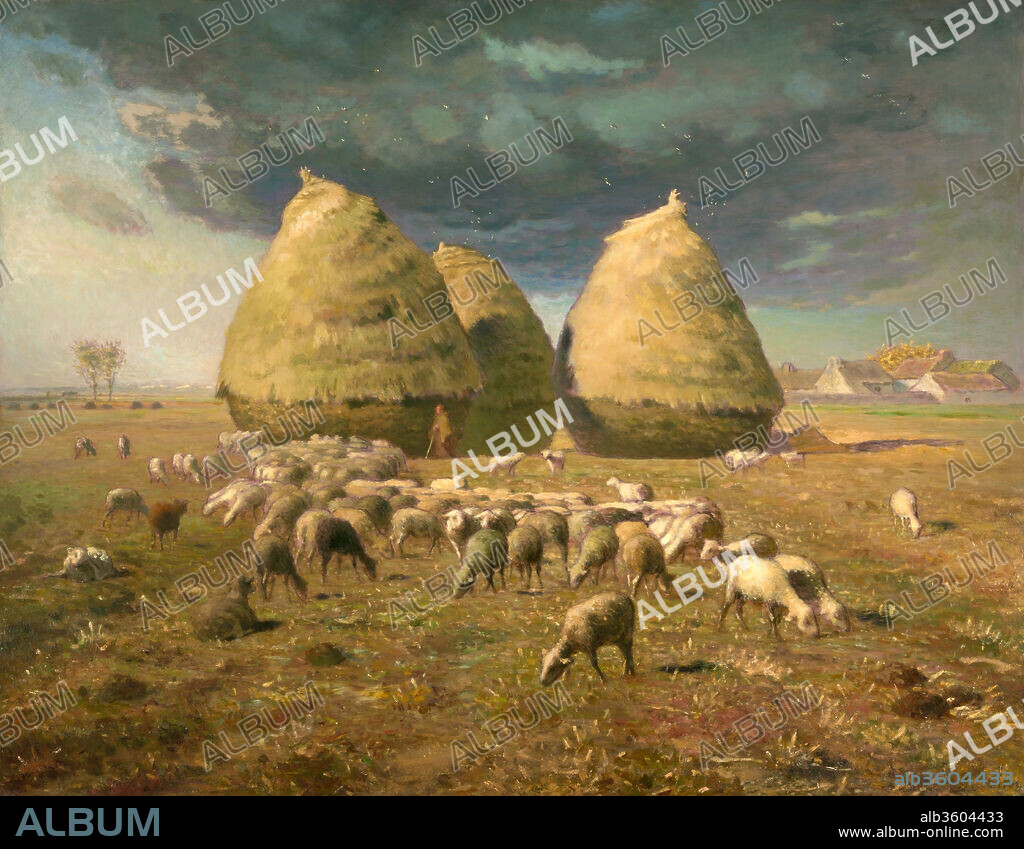 JEAN FRANÇOIS MILLET. Haystacks: Autumn. Artist: Jean-François Millet (French, Gruchy 1814-1875 Barbizon). Dimensions: 33 1/2 x 43 3/8 in. (85.1 x 110.2 cm). Date: ca. 1874.
This picture is from a series depicting the four seasons commissioned in 1868 by the industrialist Frédéric Hartmann. Millet worked on the paintings intermittently for the next seven years. In <i>Autumn</i>, with the harvest finished, the gleaners have departed and the sheep are left to graze. Beyond the haystacks lie the plain of Chailly and the rooftops of Barbizon. The loose, sketchlike finish of this work is characteristic of Millet's late style: patches of the dark lilac-pink ground color are deliberately exposed, and the underdrawing is visible, particularly in the outlines of the haystacks and the sheep.