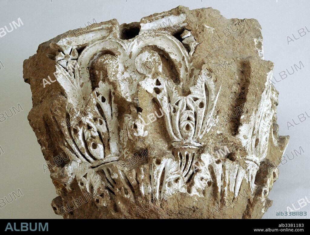 Corinthian capital. Late-republican era. Roman theatre. Original remains of stucco white. Tarragona, Spain. National Archaeological Museum. Tarragona. Catalonia, Spain.