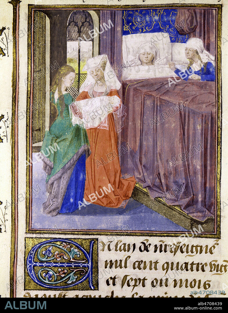 Isabelle de Hainaut (1170-11790), epouse de Philippe-Auguste, donne naissance a LOUIS VIII (1187-1226)(XIIe, 12e, 12eme s.). Enluminure provenant des Chroniques de Hainaut par Jacques de GUISE, au 15eme s (XVe, 15e s.). Manuscrit medieval conserve a la bibliotheque municipale de Boulogne-sur-mer. Credit Collection JEAN VIGNE/KHARBINE TAPABOR.