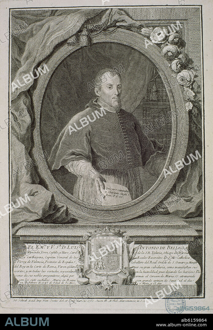 SCHVAB J. G.. LUIS ANTONIO BELLUGA Y MONCADA (1662-1743) - OBISPO DE CARTAGENA (MURCIA) - GRABADO DE 1760.