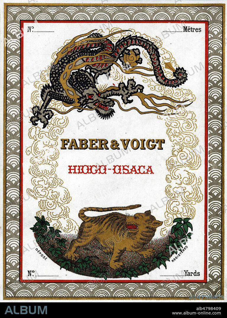 'Faber & Voigt Hyogo - Osaka'. Dragon face a un tigre ou une panthere. Etiquette vers 1910. Illustration anonyme. Credit : Collection IM/KHARBINE-TAPABOR.