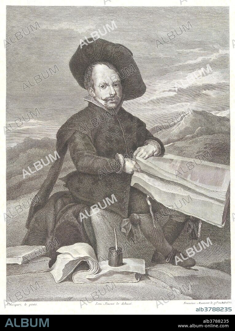LEÓN BUENO y FRANCISCO MUNTANER Y MONER. Francisco Muntaner y Moner (Grabador) (Autor de la obra original Velázquez, Diego Rodríguez de Silva y); León Bueno (Dibujante) / 'Bufón con libros'. 1792. Talla dulce: aguafuerte y buril sobre papel verjurado, 750 x 540 mm.