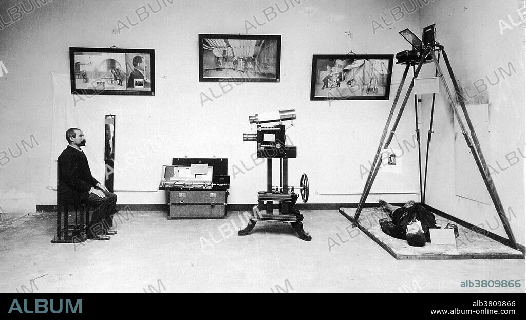 The precise apparatus of metric photography. A photograph from Alphonse Bertillon's photo album from his exhibition at the 1893 World's Columbian Exposition in Chicago. Alphonse Bertillon (1853-1914) was a French police officer and biometrics researcher who created anthropometry, an identification system based on physical measurements. Anthropometry was the first scientific system used by police to identify criminals. In this system the person was identified by measurement of the head and body, individual markings (tattoos, scars) and personality characteristics. The measurements were made into a formula that would apply to only one person and would not change. The system was eventually found to be flawed, however, because often two different officers made their measurements in slightly different ways and would not obtain the same numbers. Measurements could also change as the criminal aged. It also could identify two individuals as the same person, unlike fingerprinting. The Bertillon card included spaces for descriptions of the prisoner's eyes, ears, lips, beard, hair color, skin color, ethnicity, forehead, nose, build, chin, general contour of head, hair growth pattern, eyebrows, eyeball and orbit, mouth, physiognomic expression, neck, inclination of shoulders, attitude, general demeanor, voice and language, and habiliments (clothing).