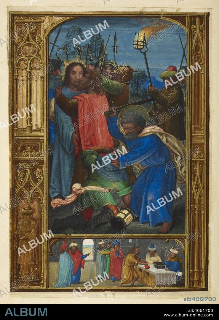 WORKSHOP OF SIMON BENING. The kiss of Judas. (Below) Judas receiving the thirty pieces of silver. The Golf Book. S. Netherlands (Bruges), 1520-1530. Source: Add. 24098, f.4v. Language: Latin.