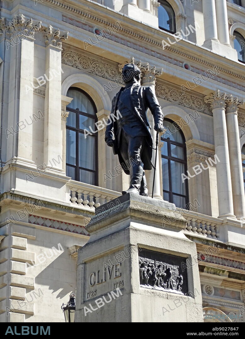 Statue of Robert Clive by the exterior of India Office (now the Foreign and Commonwealth Office) London. The statue of Robert Clive, London is a Grade II listed outdoor bronze sculpture of military officer Robert Clive, 1st Baron Clive, also known as 'Clive of India', located in King Charles Street, Whitehall, London.[1] The sculptor was John Tweed and the statue was unveiled in 1912, outside Gwydyr House, and was moved to the present location in 1916.