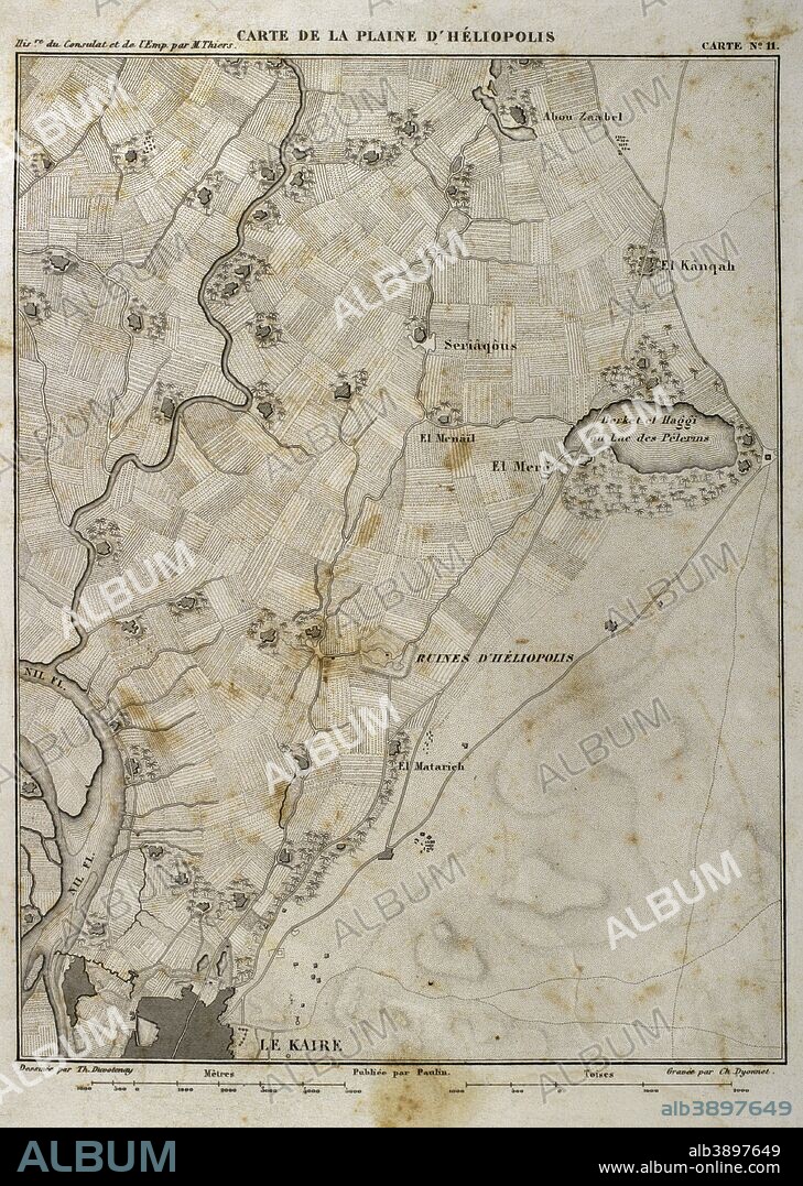 Mapa de la llanura de Heliópolis (Egipto). El 20 de mayo de 1800 se libró la Batalla de Heliópolis, con victoria francesa, entre Francia y El Imperio Otomano. Campaña Napoleónica en Egipto. Historia del Consulado y del Imperio de Napoleón (Atlas de l'Histoire du Consulat et de l'Empire). Obra de Marie Joseph Louis Adolphe Thiers (1797-1877). Dibujos realizados por Dufour y grabados por Dyonnet. Editado en París, 1864. Biblioteca Histórico Militar de Barcelona. Cataluña, España.