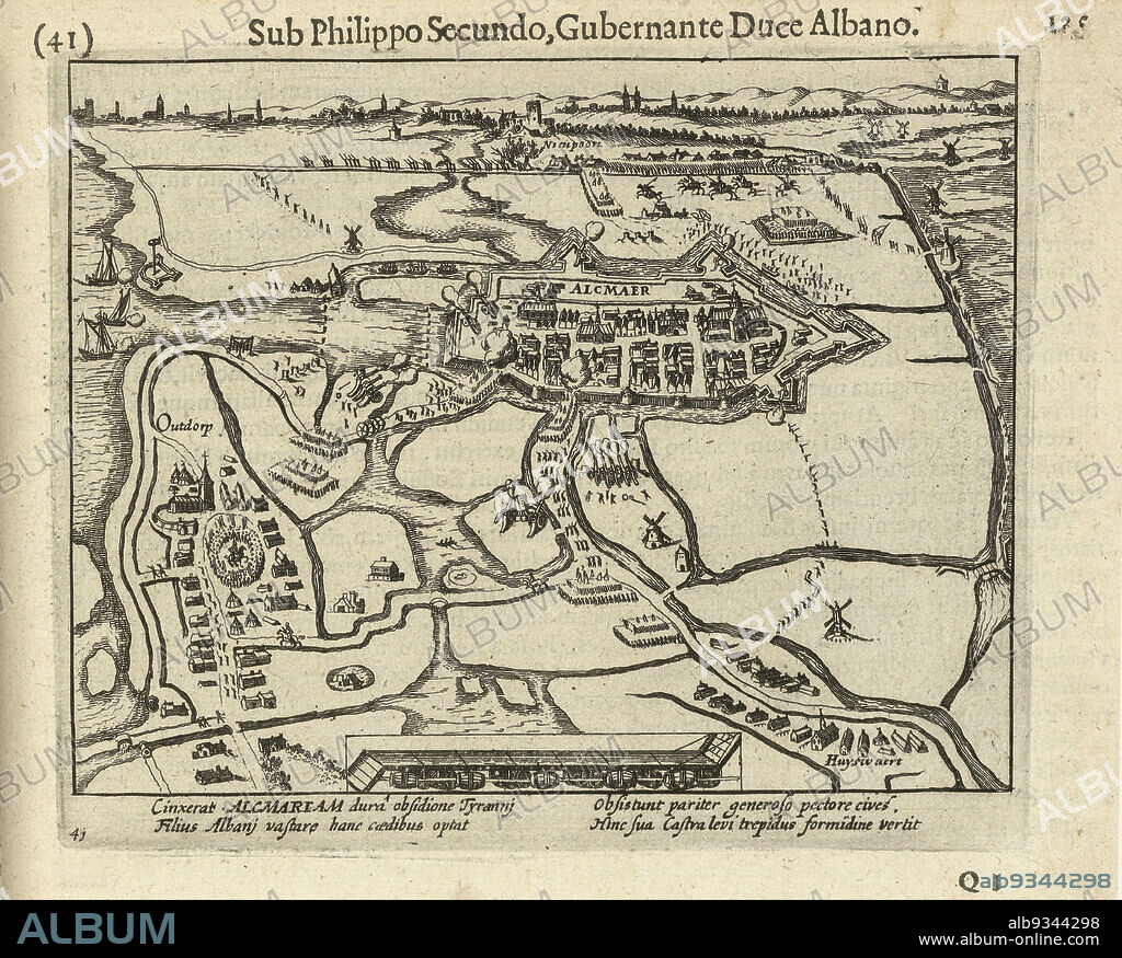 Siege of Alkmaar, 1573, Plan of the siege of Alkmaar, August and September 1573. View of the city and surrounding area. In the foreground the army post at Oudorp of the besieging troops under the command of Don Frederik, on the right the Schermer. With a 4-line caption in Latin. Numbered: 41. Printed on reverse with text in Latin., print maker: Simon Frisius, Frans Hogenberg, print maker: Northern Netherlands, publisher: Amsterdam, 1613 - 1615 and/or 1621 - 1622, paper, etching, height 135 mm × width 165 mm.