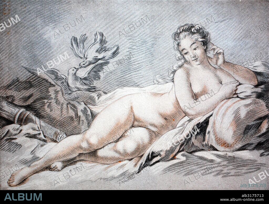 Madame pompadour, mistress of louis xv, displayed as venus, tinted red chalk drawing by francois boucher, 1850.