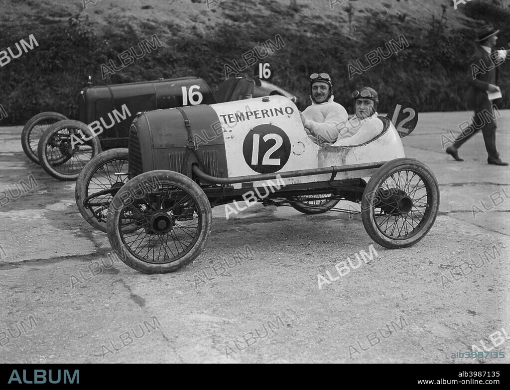 Temperino 1089 cc. No: 12. Driver: Wood, J.S. Completed 30 laps. Background: Salmson 1097 cc.Entry No: 16. Driver: Lombard, A. Brooklands.  J.C.C. 200-mile Race. Date: 22.10.21.