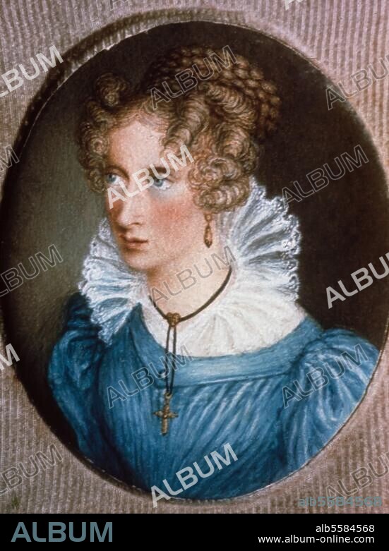 Droste-Hülshoff, Annette Freiin von Poet, Hülshoff bei Münster 10.1.1797 - Meersburg 24.5.1848. Portrait. Miniature, c. 1820, by her sister Jenny von Laßberg (1795-1859). Meersburg, Droste-Museum "Fürstenhäusle".