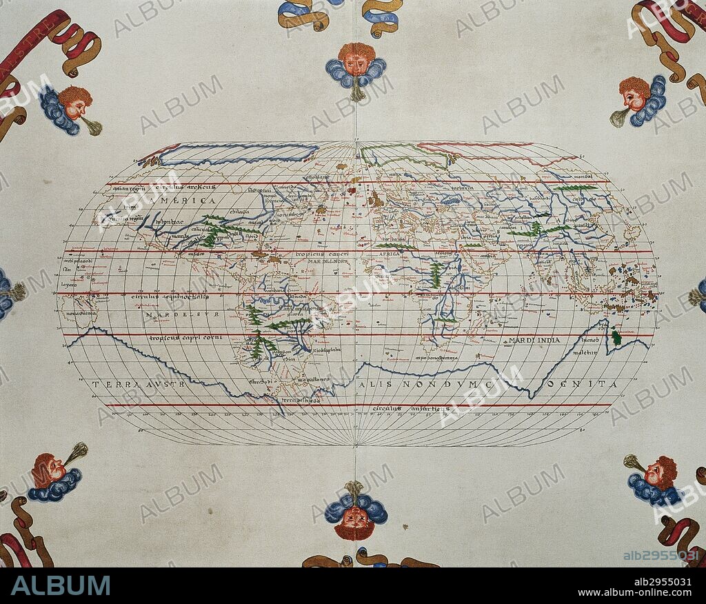 MAPAMUNDI. ATLAS PORTULANO o Carta Náutica de JOAN MARTINES, cartógrafo español, perteneciente a la Escuela Mallorquina. El manuscrito consta de diecinueve mapas a doble folio. Messina (Sicilia), 1587. Biblioteca Nacional. Madrid. España.