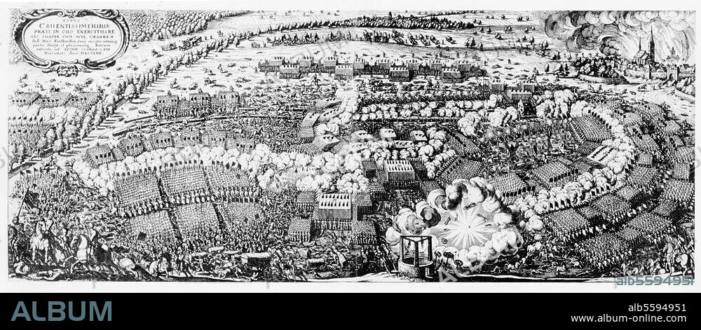 Dreißigjähriger Krieg 1618-1648:. Schlacht bei Lützen am 16. November. 1632 zwischen den Schweden unter Gustav Adolf und den Kaiserlichen unter Wallenstein / Tod Gustav Adolfs. "Lützer Schlachtordnung". Kupferstich von Matthäus Merian d. Ä. (1593-1650) aus: Theatrum Europaeum 1637.
