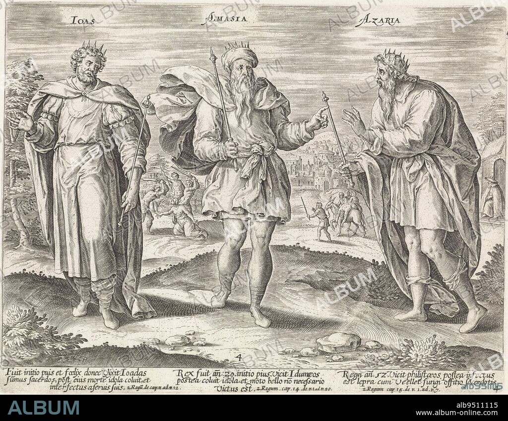 The kings Joash, Amasha and Azariah. In the background some important events in their lives. In the left background, Joas' predecessor Queen Ataliah is being put to death. In the middle of the background, the assassinated King Amasha is being taken on horseback to Jerusalem. In the background on the right, King Azariah sits covered by a gate. He was living in seclusion because he was suffering from skin glut. Below the scene references to the Bible texts in Latin. Joash, Amasha and Azariah Kings of Judah Theatrum biblicum , Jan Snellinck (I), (attributed to), print maker: anonymous, publisher: Claes Jansz. Visscher (II), Amsterdam, 1585 and/or 1643, paper, engraving, h 223 mm × w 285 mm.
