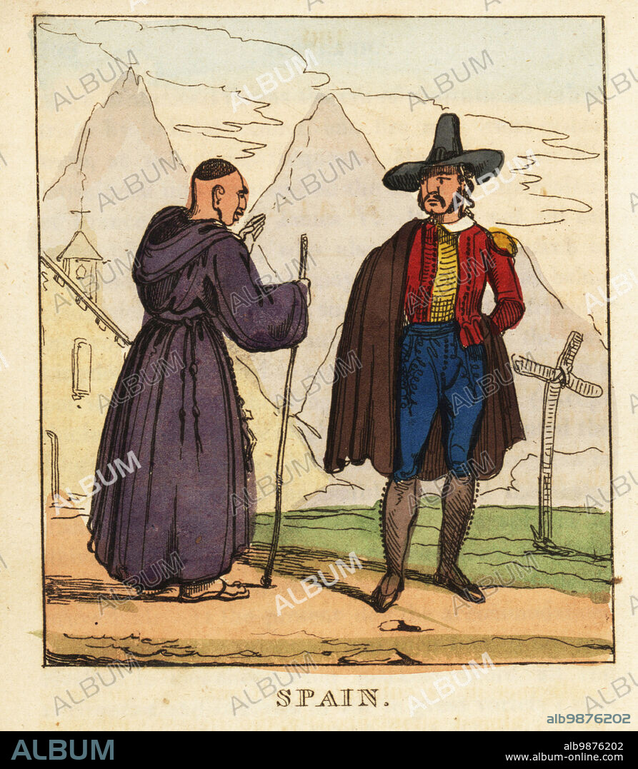 Costumes of Spain, 19th century. Spanish monk in habit and sandals with staff on a pilgrimage. Gentleman in wide-brim hat, cape, jacket with epaulettes, breeches and gaiters. Spain. Handcoloured copperplate engraving from The World in Miniature, or Panorama of the Costumes, Manners & Customs of All Nations, John Bysh, London, 1825.
