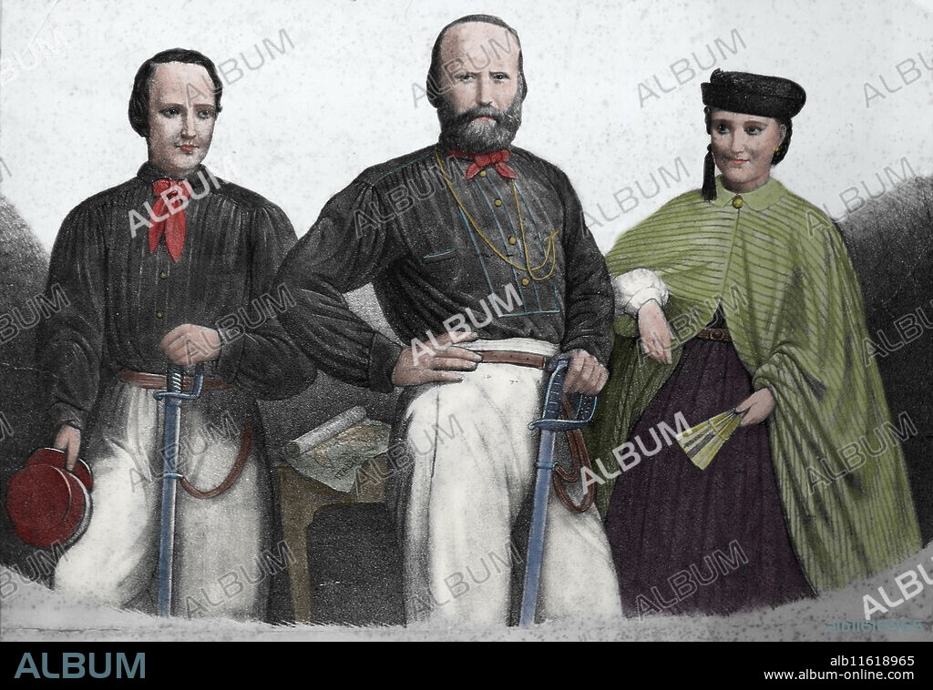 Giuseppe Garibaldi (1807-1882) with his son Menotti and daughter Teresa. Lithography, 19th century.