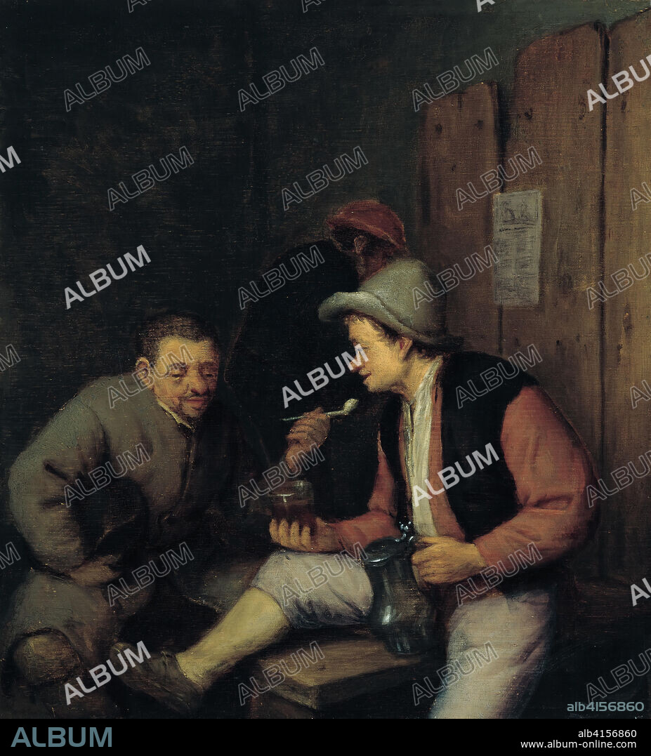Adriaen van Ostade (Haarlem, 1610 -1685). Campesinos bebiendo y fumando en una taberna (hacia 1645 - 1655). Óleo sobre tabla. 19 x 17,2 cm.