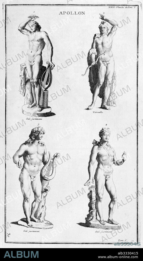 Representations of Apollo the ancient Greek god. Illustration from supplement to 'L'antiquite expliquee et representee en figures'; (vols. 1-15, Paris, 1719-1724) by Dom Bernard de Montfaucon, (1655 - 1741), a French Benedictine monk. He was an astute scholar who founded the discipline of palaeography, He is regarded as one of the founders of modern archaeology.