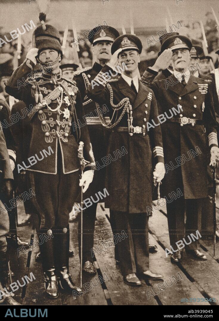'The Duke of York (later King George VI) and Prince Henry welcoming their brother the Prince of Wales (later King Edward VIII) home at Portsmouth quayside, after his Imperial Tour of 1925'. From Our King & Queen and the Royal Princesses. [Odhams Press Ltd., London, 1937].