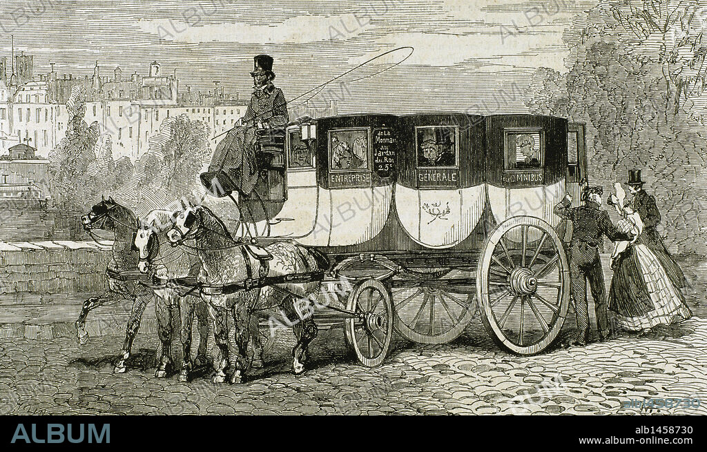 Horse-drawn omnibus. Engraving by H. Linton in "L'Univers Illustre´" (1862).