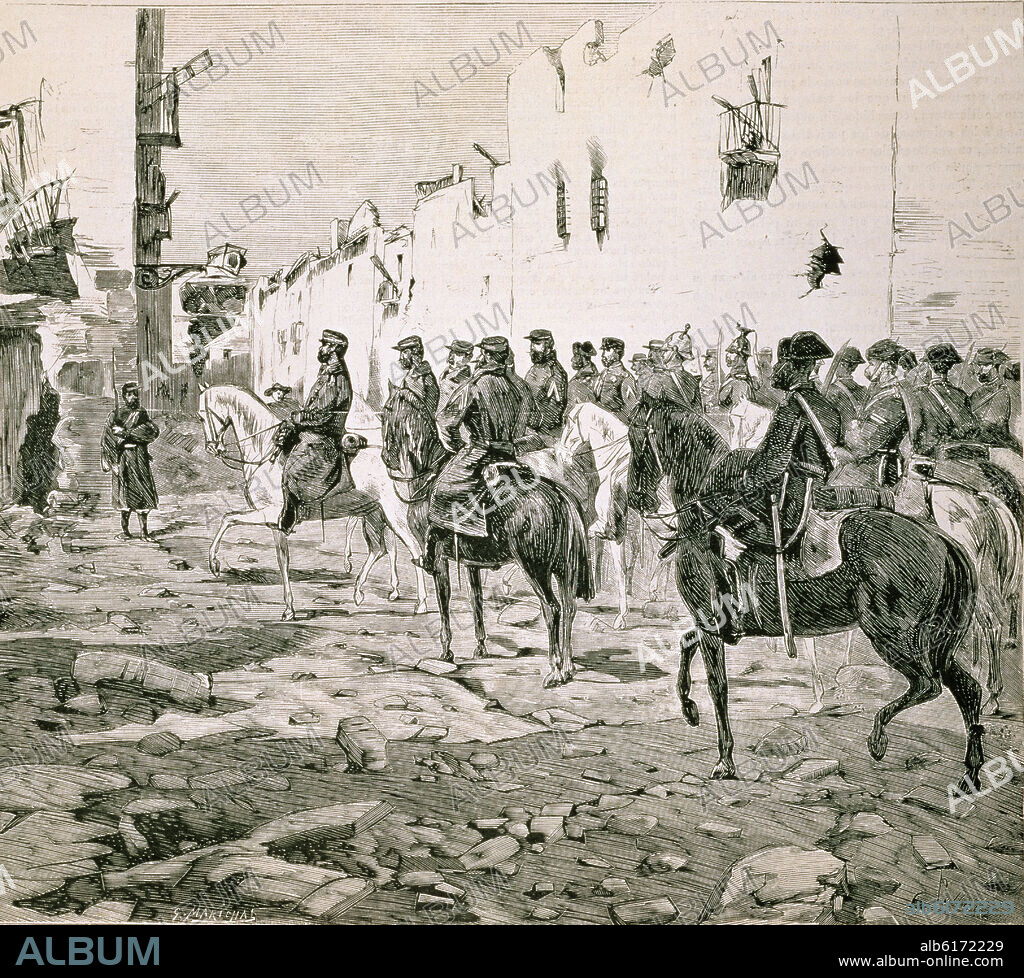 GASTON MARICHAL (S. XIX). CARTAGENA DESPUES DEL SITIO: ENTRADA EN LA CIUDAD DEL GENERAL MARTINEZ CAMPOS - 1873 - ILUSTRACION ESPAÑOLA Y AMERICANA - GRABADO - SIG.