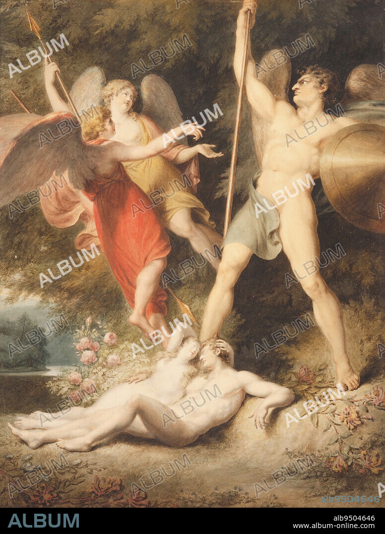 Lucifer in the Bower of Adam and Eve, from Book IV of Milton's 'Paradise Lost', c. 1805, Stephen Francis Rigaud; Publisher: Sir William Hamilton ?, British, 1777 - 1861, 21 3/4 x 16 3/4 in. (55.25 x 42.55 cm) (image, sheet), Watercolor over graphite on paper, England, 19th century.