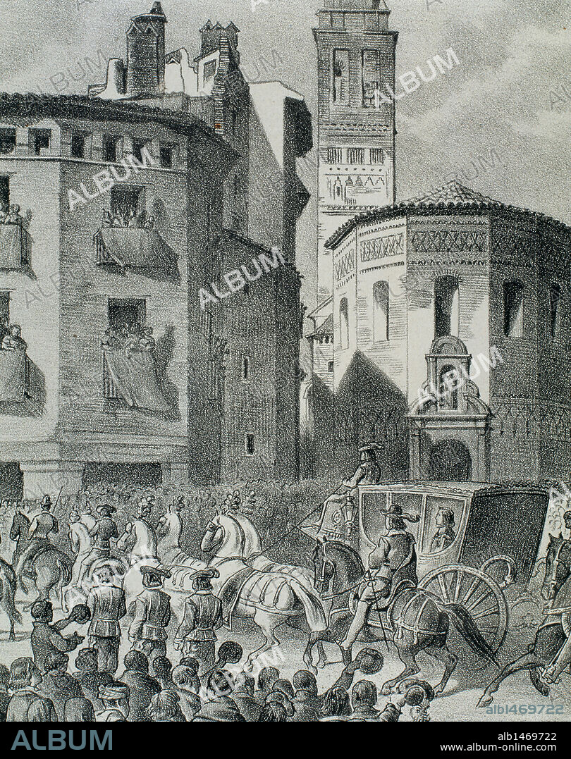 CARLOS II "el Hechizado" (1661-1700). Rey de España (1665-1700). Ultimo soberano de la rama española de la Casa de los Austria. "ENTRADA DE CARLOS II EN ZARAGOZA" (s. XVII). Grabado del s. XIX.